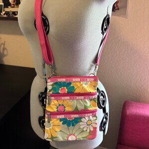 Vintage LeSportsac 3‑Zip Crossbody Bag — Bright Floral Print, Adjustable Strap